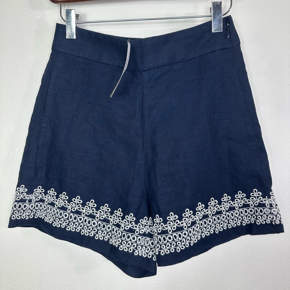 NWT J. Crew Embroidered-trim shorts in beauchamps linen Navy Blue Women’s Sz 00